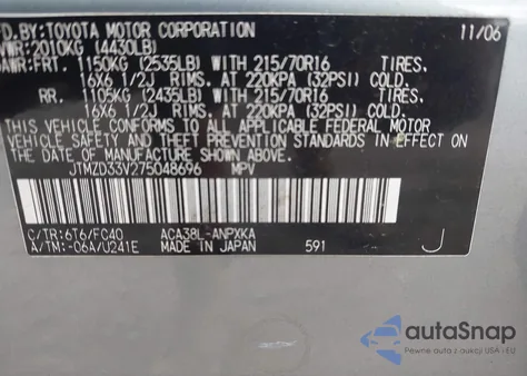 2007 Toyota Rav4 from USA, damaged, VIN JTMZD33V275048696